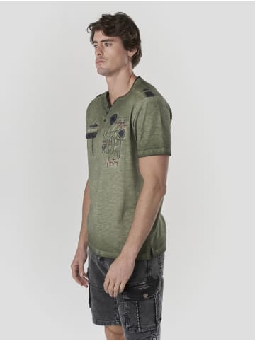 KOROSHI Henley cotton print-emb washed t-shirt in khaki