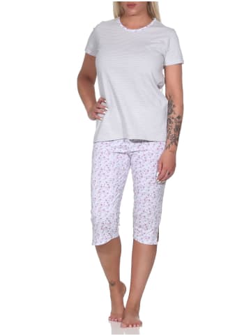 NORMANN Capri Pyjama Schlafanzug Streifen Hose & Rundhals - 79878 in grau