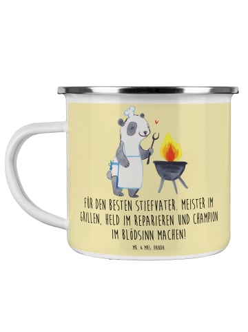 Mr. & Mrs. Panda Becher Emaille Bester Stiefvater mit Spruch in Gelb Pastell