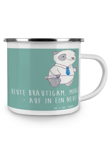 Mr. & Mrs. Panda Camping Emaille Tasse Bräutigam Heute mit Spruch in Meeresbrise