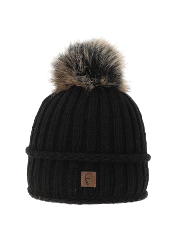Faera Warme Strickmütze mit Kunstfell und Thermo-Fleece in Schwarz