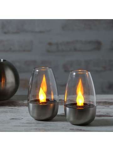 MARELIDA 2er Set LED Solar Kerze Windlicht flackernd H: 10,5cm in silber