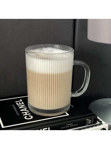 ZOHA Glas 2er Set Riffle Cup Henkelglas - 360 ml Kaffeeglas, Glas in Transparent