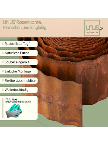 UNUS UNUS Rasenkante aus welligem Cortenstahl in verschiedenen Größen in Rost