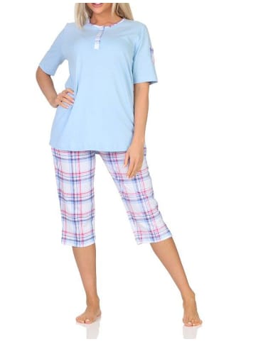 NORMANN Schlafanzug kurzarm Pyjama karierter Capri Hose Jersey - 84990 in hellblau