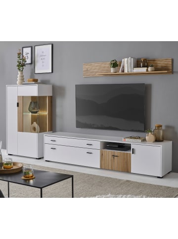 Furn.Design Wohnwand 3-teilig weiß matt, Eiche 285 cm, Wohnkombination mit Soft-Close