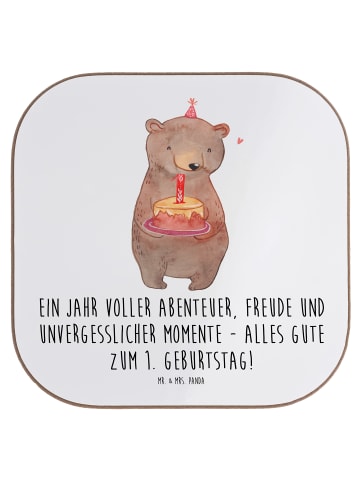 Mr. & Mrs. Panda Glasuntersetzer 1. Geburtstag Abenteuer mit Spruch in Weiß