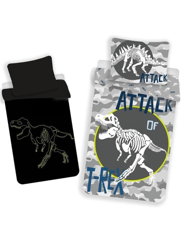 JERRY FABRICS T-Rex Glow in the Dark Bettwäsche Grau 140 x 200 + 70x90 cm leuchtet im Dunkeln