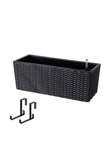 relaxdays Balkonkasten "Rattan" mit Halterung in Schwarz - (B)50 x (H)19 x (T)19 cm