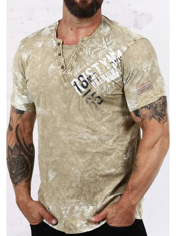 Rusty Neal V-Neck T-Shirt Verwaschen mit Seitlichem Logo Print in Camel
