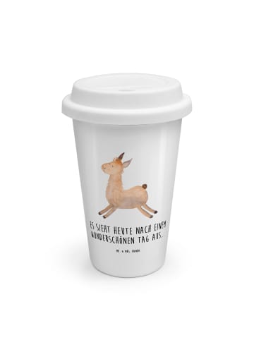 Mr. & Mrs. Panda To Go Becher Lama Springen mit Spruch in Weiß