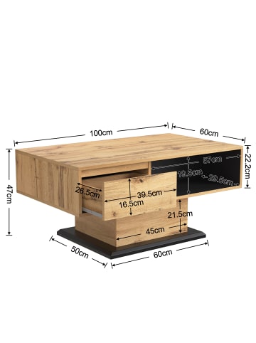 ABRIHOME Couchtisch in Holzoptik mit 1 Schublade und 2 Staufächern doppelseitig