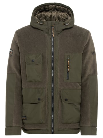 Camel Active Gefütterte Fleecejacke mit Kapuze und Materialkontrast in Dunkel khaki