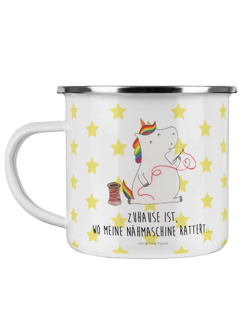 Mr. & Mrs. Panda Camping Emaille Tasse Einhorn Näherin mit Spruch in Weiß