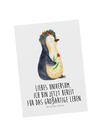 Mr. & Mrs. Panda Ansichtskarte Pinguin Blumen mit Spruch in Weiß