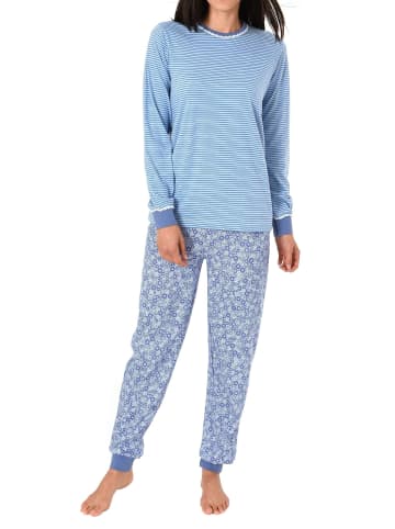 NORMANN Pyjama Schlafanzug langarm Bündchen und Spitze - 44316 in blau