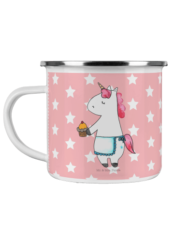 Mr. & Mrs. Panda Camping Emaille Tasse Einhorn Muffin ohne Spruch in Rot Pastell