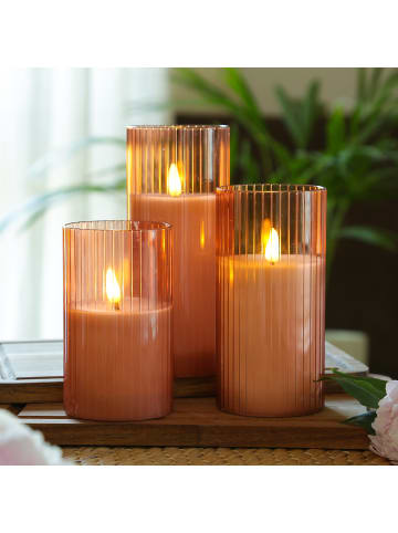 MARELIDA LED Kerze im Glas Windlicht mit Rillen H: 17,5cm in rosa