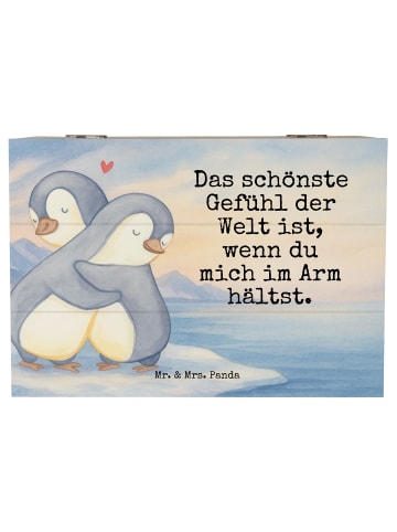 Mr. & Mrs. Panda Holzkiste Pinguine Kuscheln Design mit Spruch in Weiß