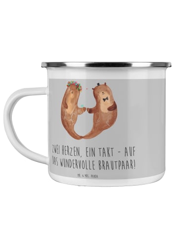 Mr. & Mrs. Panda Emaille Tasse Brautpaar Herzen mit Spruch in Heather Grey