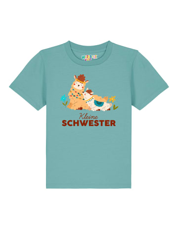 wat? Apparel T-Shirt Lama Kleine Schwester in Teal Monstera