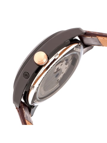 Heritor Sebastian Halbskelett-Uhr mit Lederarmband in Black/Brown