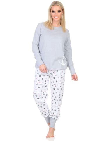 NORMANN Langarm Pyjama Schlafanzug Bündchen Maritimer Look in grau