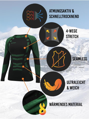 normani 2 x Thermooberteil Langarm Shirt Skiunterwäsche für Damen in Grün/Schwarz