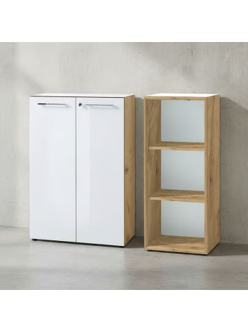 KADIMA DESIGN Büro-Set 2-tlg 120cm hoch Kommode x Regal, Glas Front in Chalet-Eiche-Nb.-Weiß