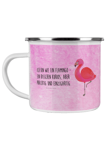 Mr. & Mrs. Panda Camping Emaille Tasse Flamingo Classic mit Spruch in Aquarell Pink