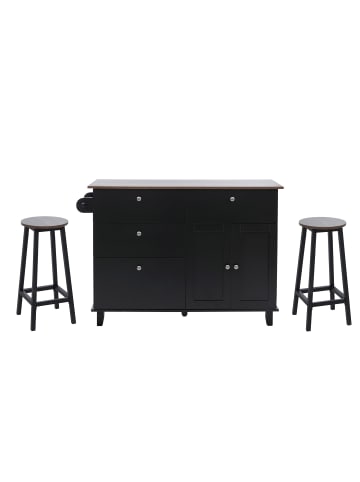 MCW Kücheninsel MCW-P62 mit 2 Hockern, Schwarz, dunkles Holz