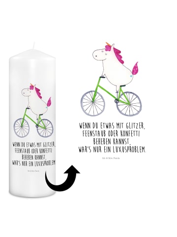 Mr. & Mrs. Panda Wachskerze Einhorn Radfahrer mit Spruch in Weiß