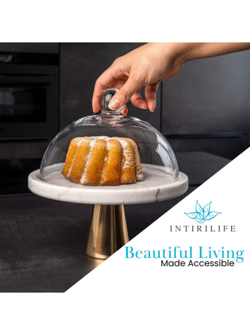 Intirilife Kuchenplatte mit Glas Haube Tortenständer in Weiß - Grau - Gold