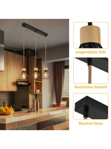 ZMH Pendelleuchte in Schwarz 3-flammige E27 Vintage Metall Hanfseil von Holz