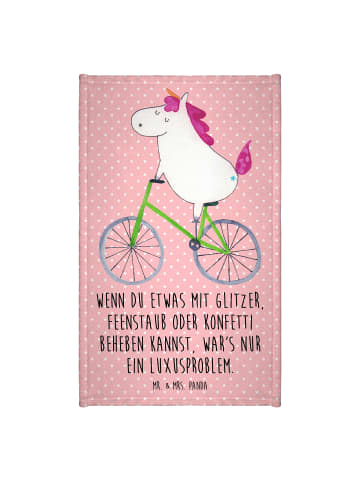 Mr. & Mrs. Panda Gästehandtuch Einhorn Radfahrer mit Spruch in Rot Pastell