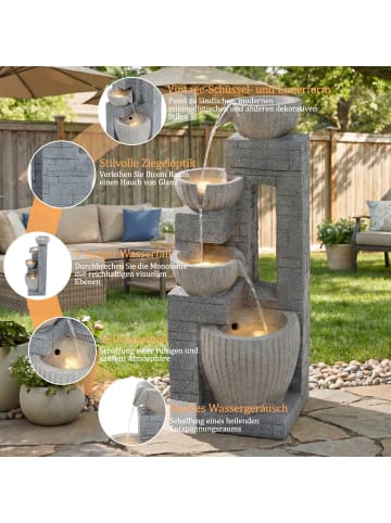 ABRIHOME Gartenbrunnen mit LED-Beleuchtung in Steingrau (B) 31,5 x (T) 29 x (H) 80 cm