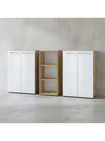 KADIMA DESIGN Büro-Set 2 Kommode & Regal, Glas Front Büro in Chalet-Eiche-Nb.-Weiß