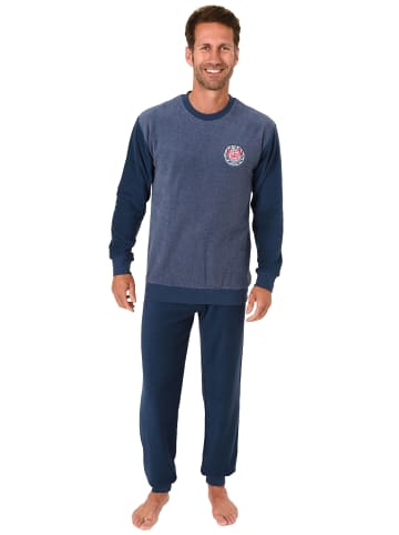 NORMANN Lange Frottee Pyjama Schlafanzug Bündchen - 49618 in blau-melange