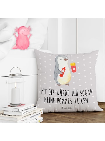 Mr. & Mrs. Panda Kissen Pinguin Pommes mit Spruch in Grau Pastell