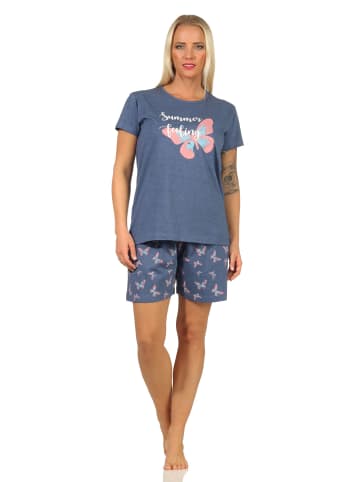 NORMANN Kurzarm Shorty Schlafanzug Pyjama Schmetterlings in blau