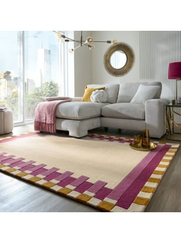 KADIMA DESIGN Wollteppich Geometrisch, Rahmen, Wohnzimmer schmutzabweisend in Rosa-Gelb