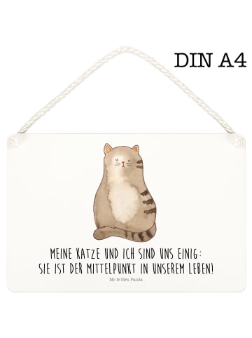 Schild Katze Sitzen mit Spruch in Weiß