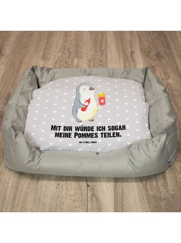 Hundekorb Pinguin Pommes mit Spruch in Grau Pastell