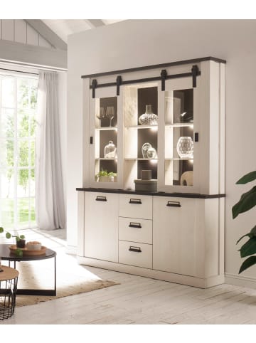 Esszimmer-Set weiß Pinie, anthrazit Landhaus 2-teilig mit Buffetschrank