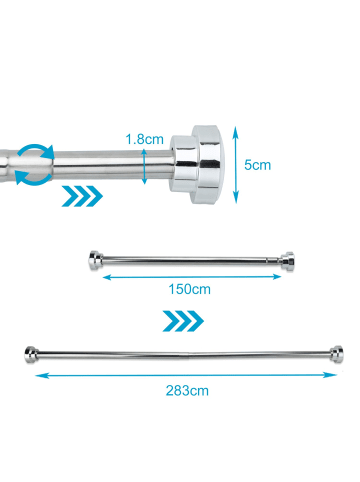 Duschvorhangstange Teleskopstange Ausziehbar Edelstahl in 150 - 283 cm in SILBER