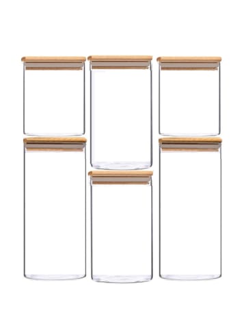 6-teiliges Glas Vorratsdosen-Set mit Bambusdeckel in Transparent