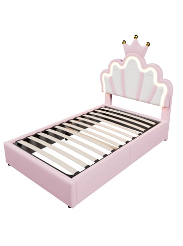 90 x 200 cm Einzelbetten Polsterbett mit LED, Verstellbares Kopfteil, Rosa