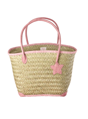 Basttasche groß mit Ledergriffen in pink