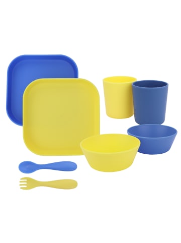 Geschirr- und Besteck-Set in gelb-blau