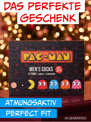 Pac-Man Socken Adventskalender mit 12 Paar Socken kurz und lang in Mehrfarbig